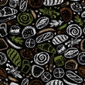 Vector black chalkboard style hand drawn bakery seamless repeat pattern. Suitable for bread packaging, cafe menu design