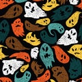 Vector black colourful cute sketch of cartoon ghosts seamless pattern. Background for halloween posters, greeting cards