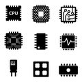 Vector black CPU microprocessor and chips icons set