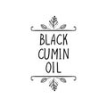 Vector, Black Cumin Oil Icon, Natural Frame, Black Doodle Drawing and Words, Packaging Label Template, Black Lines Isolated.