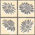 Vector black daisies yellow stripes repeat pattern Royalty Free Stock Photo