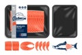Vector black foam tray sockeye salmon packaging illustration