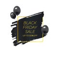 Vector Black Friday Sale Banner Isolated, Black Paint Brush Stroke and Golden Square Frame, Black Balloons, Design Element.