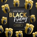 Vector Black Friday sale banner template with 3d render black gift boxes pile, frame on black background