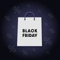 Vector black friday square banner post template. Shopping paper bag and black text on dark background with discount sign. Design Royalty Free Stock Photo