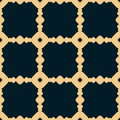 Vector black and gold geometric seamless pattern with circles, dots, carved lattice, square grid, repeat tiles. Royalty Free Stock Photo