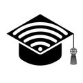 Graduate hat with wifi icon. A symbol of distance learning alumni due to the quarantine associated with the COVID-19 pandemic.