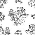 Vector Black Ink Brushed Roses on White seamless pattern background. Perfect for fabric, wallpaper and scrapbooking Royalty Free Stock Photo