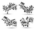 Vector black jolly wavy staves with musical notes on white background, decorative set of musical notation symbols.