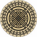 Vector black Kazakh round ornament on a gold background.