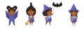 Vector black kids in witch dress for Halloween costume party.