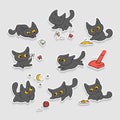 Vector black kittens stickers. Small cat different emotions and situations. Kitty play with ball walking in nature Royalty Free Stock Photo