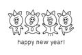 Vector black line drawing four pigs dancing celebrating happy new year! 2019