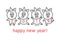 Vector black line drawing four pigs dancing celebrating red happy new year! 2019