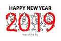 Vector black line drawing four pigs dancing celebrating red happy new year! 2019