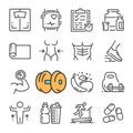 Vector black line Fitness Gym Equipment icons set. Includes such Icons as Equipment Fitness, Body Woman and Man.