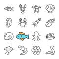 Vector black line Seafood icons set. Includes such Icons as Shrimp, Fish, Crab, caviar.