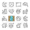 Vector black line Sleep icons set. Includes such Icons as Moon, Pillow, Sheep. Royalty Free Stock Photo