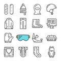 Vector black line Snowboarding icons set. Includes such Icons as Snowboard, Armor, Web Camera, Balaclava. Royalty Free Stock Photo