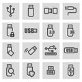 Vector black line usb icons set Royalty Free Stock Photo