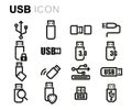 Vector black line usb icons set Royalty Free Stock Photo