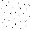 Vector black moon and stars seamless pattern on the white background