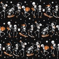 Vector black, orange dancing and skateboarding skeletons Haloween repeat pattern background. Great for spooky fun party