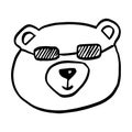 Vector black outline flat cartoon doodle cool bear face with glasses isolated on white background Royalty Free Stock Photo