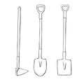 Vector black outline of garden shovel, spade, hoe. Tools for working on the farm, in the dacha, country site in the doodle style.