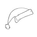 Vector black outline Santa Claus hat or sleeping cap in doodle style isolated on white background. Hand drawn Element of costume, Royalty Free Stock Photo