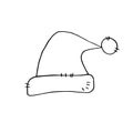 Vector black outline Santa Claus hat or sleeping cap in doodle style isolated on white background. Hand drawn Element of costume, Royalty Free Stock Photo