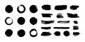 Vector black paint brush strokes set isolated on white background, japanese enso circles, different ink blots, dry painting.