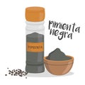 Vector black pepper illustration isolated in cartoon style. Spanish name