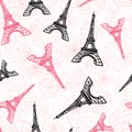 Vector Black Pink Eifel Tower Paris and Roses Flowers Seamless Repeat Pattern Surrounded By St Valentines Day Hearts Of