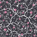 Vector black, pink, and white blooming sakura bracnhes painted texture. Seamless repeat pattern background. Great for Royalty Free Stock Photo