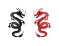 Vector Black and Red Oriental Dragons on White Background, Tattoo Art, Graphic Elements.