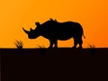 Vector black rhino silhouette background sunset