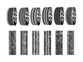 Vector black rubber tyre texture. Black tire design car texture silhouette Royalty Free Stock Photo