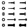Vector black screws, nuts and nails icons set Royalty Free Stock Photo