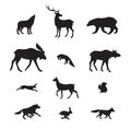 Vector black set of forest wild animals silhouette Royalty Free Stock Photo