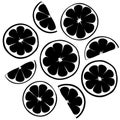 Vector black shape of nine fresh lemon slices