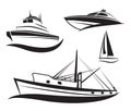 Vector black ship and boat set.