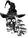 vector black silhouette of beautiful makeup skull witch in a classic hat Royalty Free Stock Photo