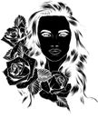 Vector black silhouette of illustration Girl with rose isolated on white background. Royalty Free Stock Photo