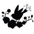 Vector black silhouette songbird and flower composition