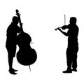 Vector black silhouettes people. Two adult men play musical instruments. The violinist is holding the violin, the guy is playing