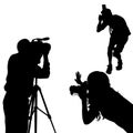Vector black silhouettes of two male photographers with cameras, and a silhouette of a woman with a camera. Figures of people are