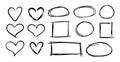 Vector black simple hand drawn frames and hearts, geometric shapes, rough sketched brush strokes, freehand drawing.