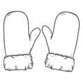 Vector Black Sketch Illustration - Winter Mittens with Fur Rim