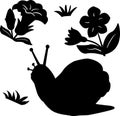 Vector snail icon. Black icons of snail, flowers, and grass on white background